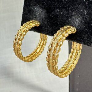 Vintage Monet Gold Tone Large Textured Clip On Hoop Earrings